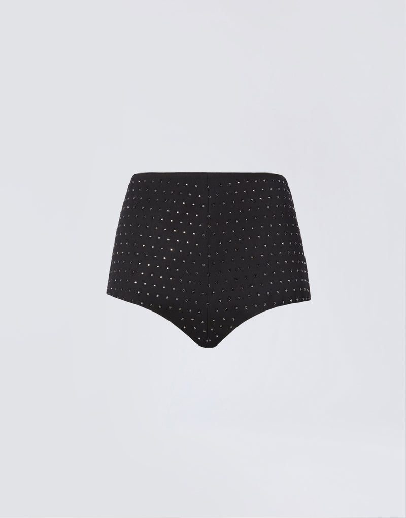 
                          Frontal view of the Tami Crystal Brief, a high-waisted black brief with all-over crystal embellishments, tailored from a wool and gabardine blend.
                        
