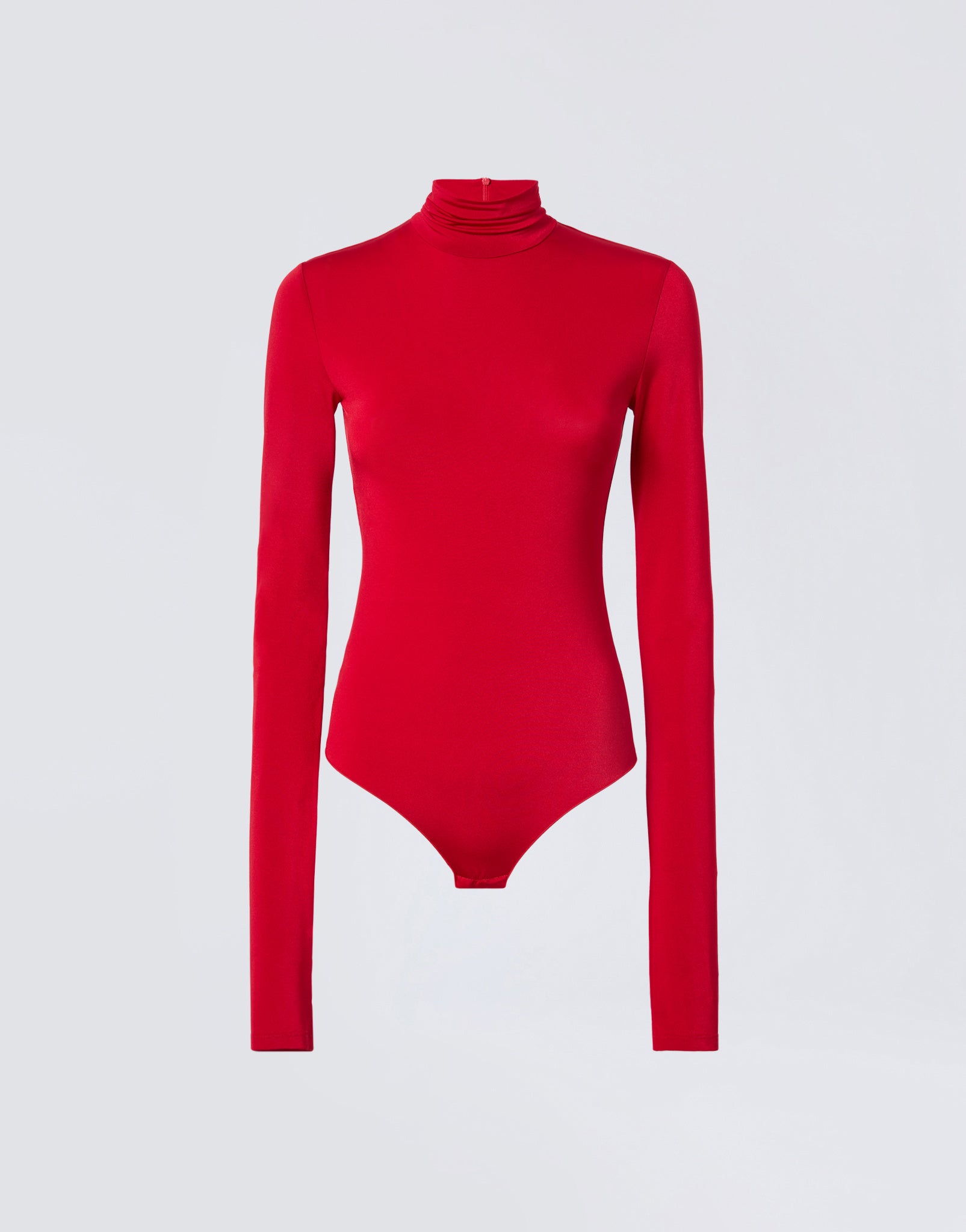Frontal view shows Ziggy Bodysuit in vibrant red lightweight jersey, featuring a turtleneck, long sleeves, and fitted silhouette on plain background.