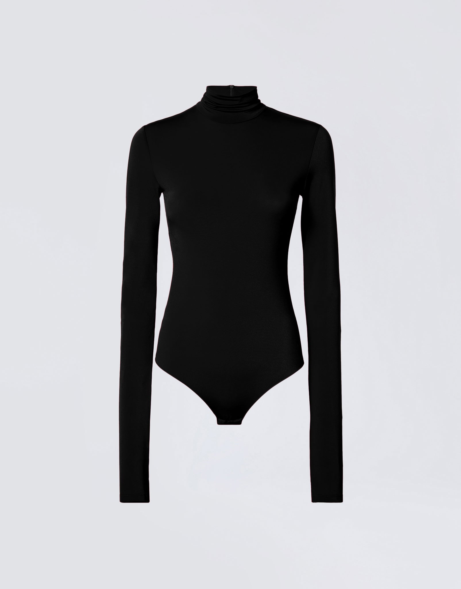 Frontal view shows Ziggy Bodysuit in black lightweight jersey with long sleeves and a turtleneck, featuring clean lines, displayed against a plain background.