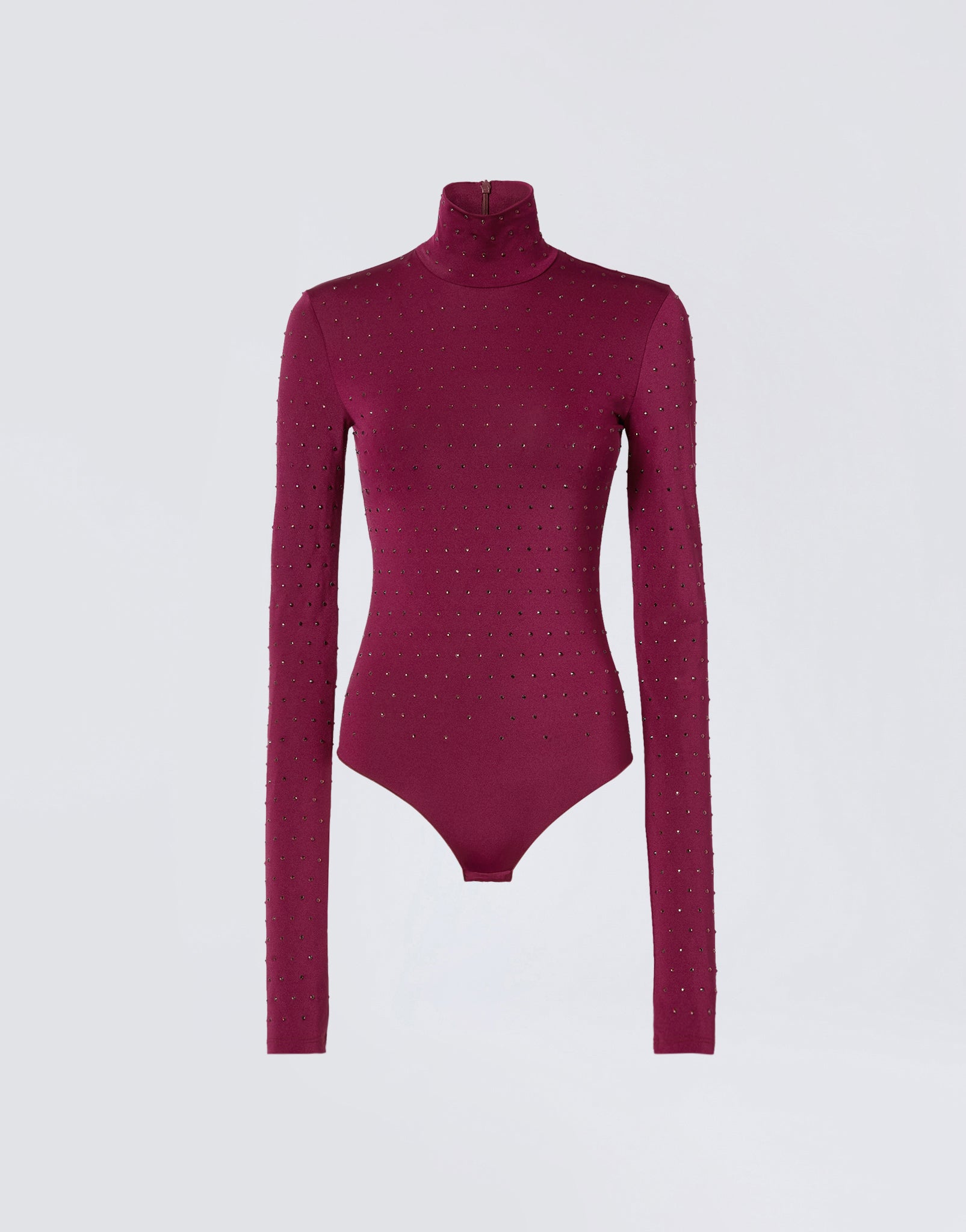 Frontal view of the Ziggy Bodysuit in cabernet lightweight jersey, featuring all-over crystals, long sleeves, and a turtleneck with a zip closure at the back.