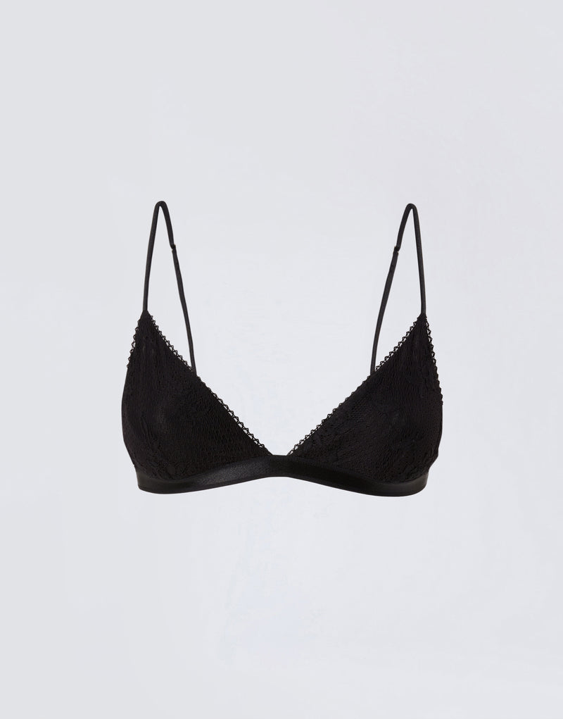 
                          Frontal view shows the New Guenda Bra in black lace with micro lace trim around the cups, thin adjustable straps, and a supportive band under the bust.
                        
