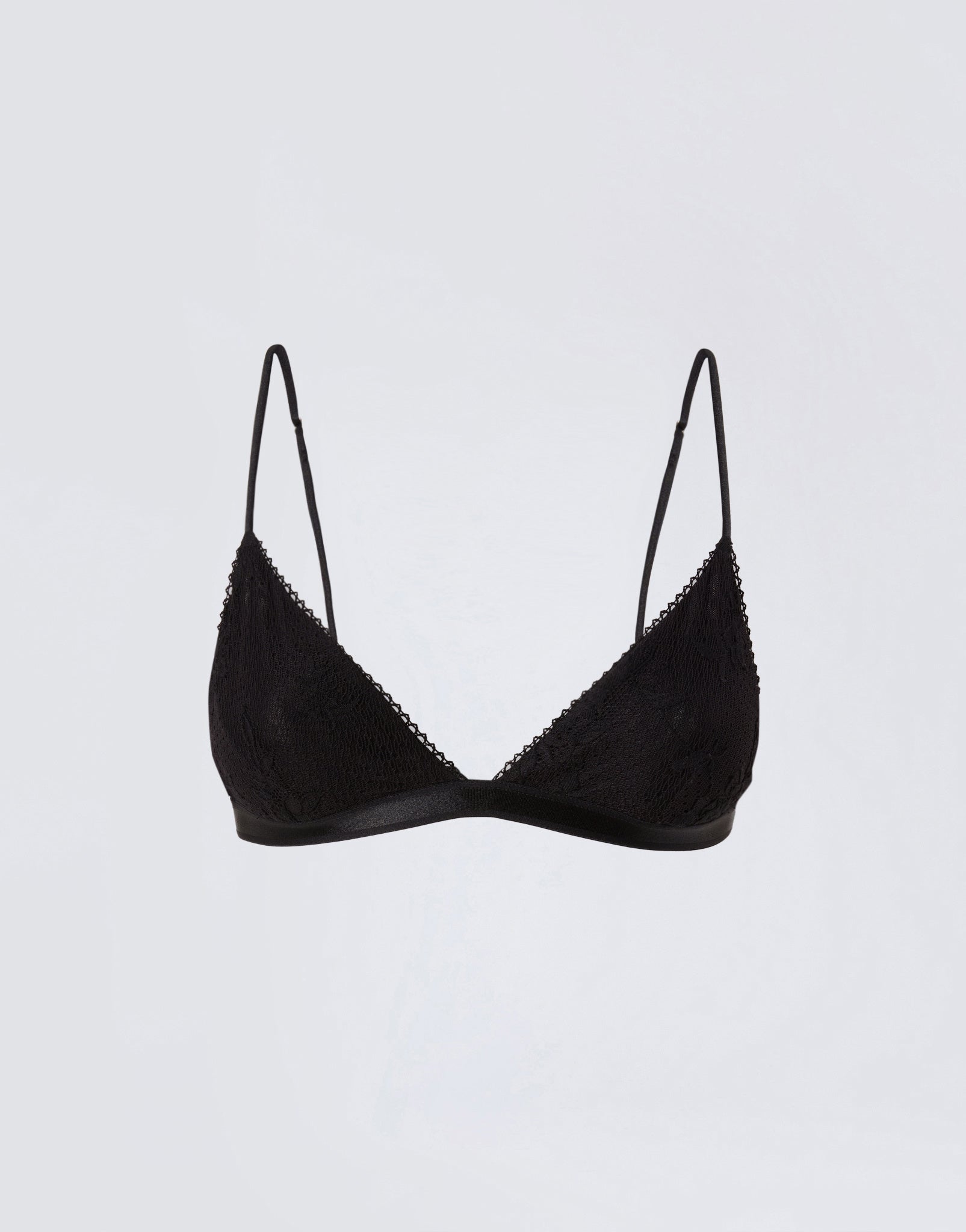 Frontal view shows the New Guenda Bra in black lace with micro lace trim around the cups, thin adjustable straps, and a supportive band under the bust.