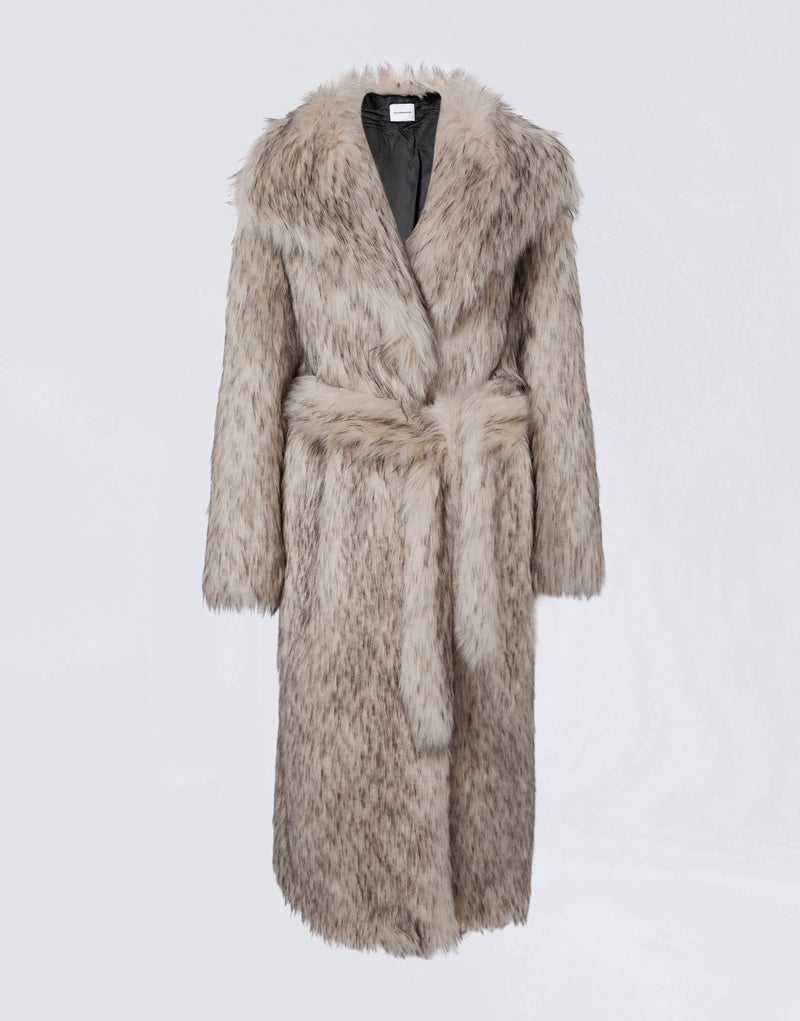 
                          Frontal view of the Winter Maxi Coat in greige faux fur featuring an oversized fit, large shawl lapel collar, long sleeves, and a matching belt at the waist.
                        