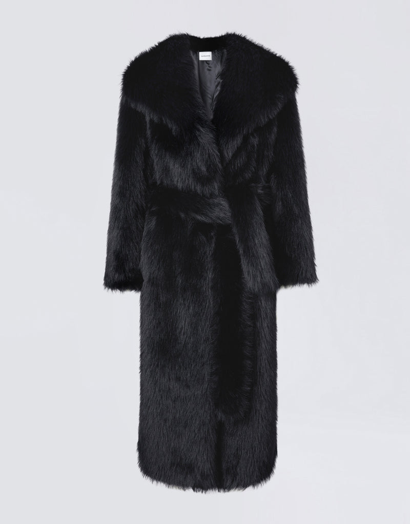 
                          Frontal view of the Winter Maxi Coat, a black faux fur coat for women with a large shawl lapel collar, matching waist belt, and long sleeves.
                        