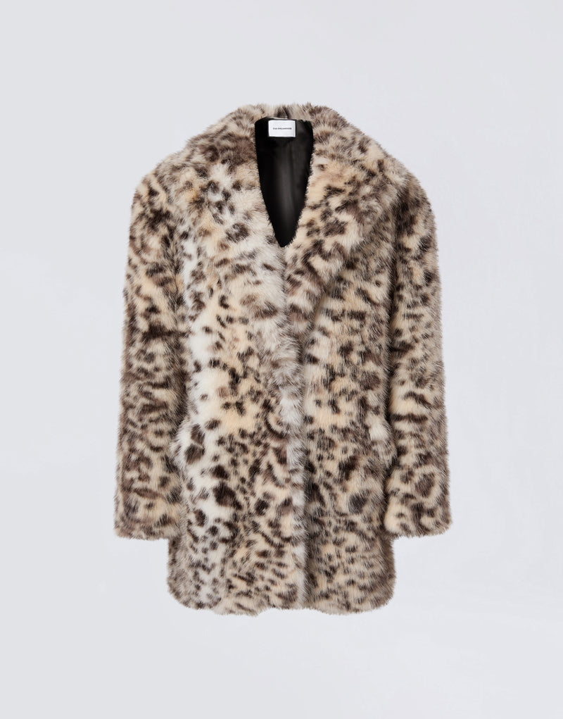 
                          Frontal view of the Weston Maxi Jacket featuring animal-print faux fur, notched lapel, padded shoulders, long sleeves, and two welt pockets at the waist.
                        
