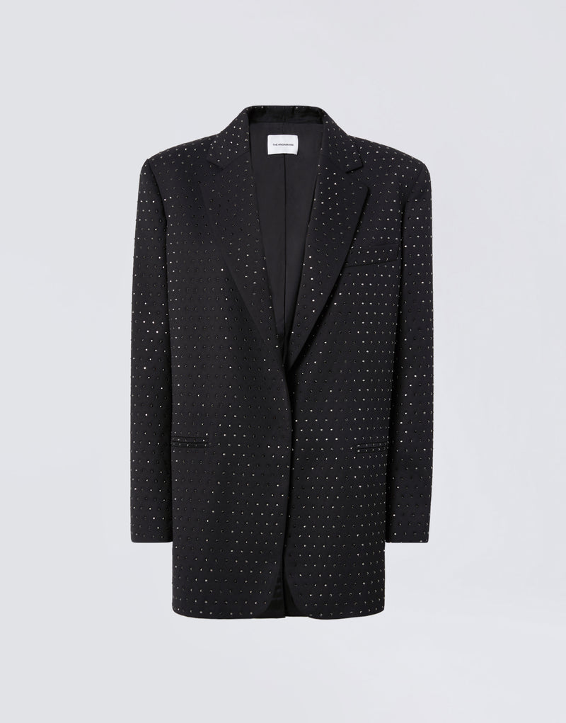 
                          Frontal view of the Guia Blazer, a black oversized women&#39;s blazer in wool and gabardine blend with crystal embellishments, notched lapel, padded shoulders, and three front pockets.
                        