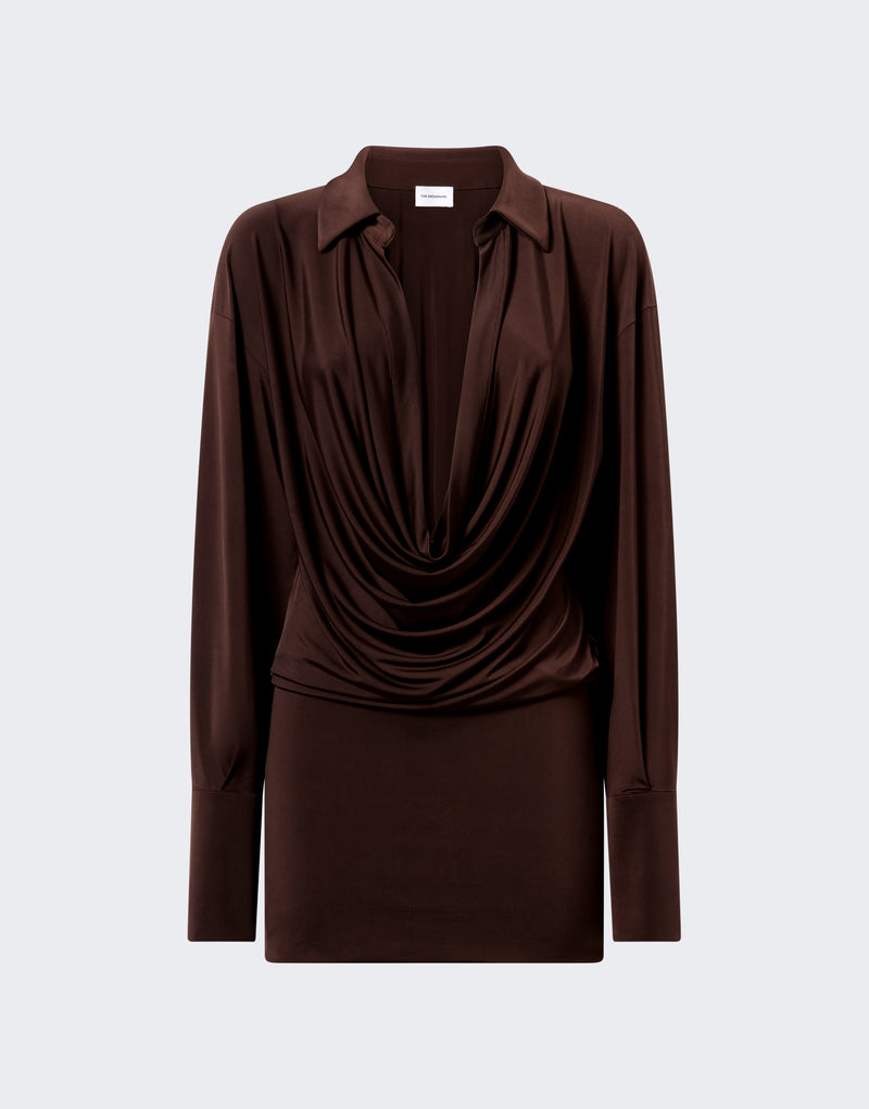 Frontal view, Lilia Mini Dress shows a deep draped V-neck with pointed spread collar in dark brown jersey, featuring long single-button cuffs and a mini hem.