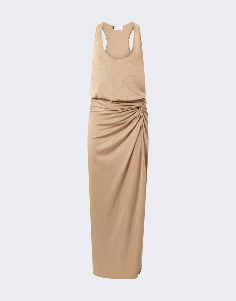 Frontal view: Juno Maxi Dress shown on a neutral background, tank-style bodice with plunging scoop neck and racerback, hip knot gathers fabric into a draped high-right slit.