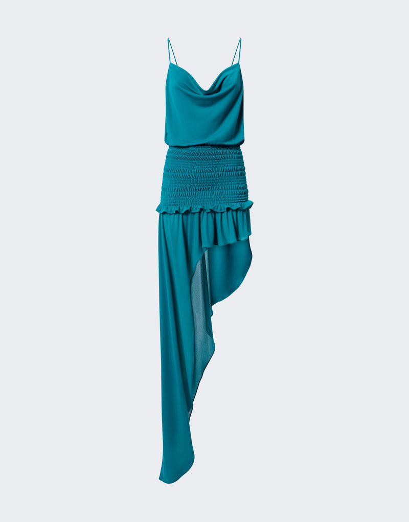 Frontal view — Ines Maxi Dress displayed flat against a neutral background, showing cowl neck and thin straps, smocked waist, and asymmetrical cascading floor-length skirt in jade.