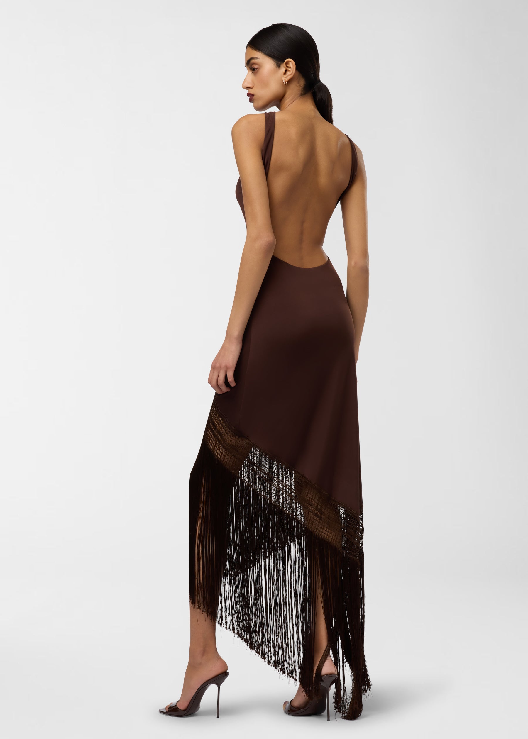 Fringe hem maxi dress dark brown