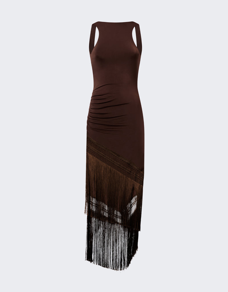 Frontal view of Marisol Maxi Dress showing a dark brown racer-style bodice, ruched hip, diagonal openwork skirt panel and long fringed hem against a neutral background.