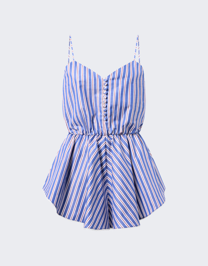 Frontal view — Celeste Playsuit: blue and rouge noir striped playsuit with loveheart neckline, spaghetti straps, front buttons, cinched waist and flared shorts on pale background.