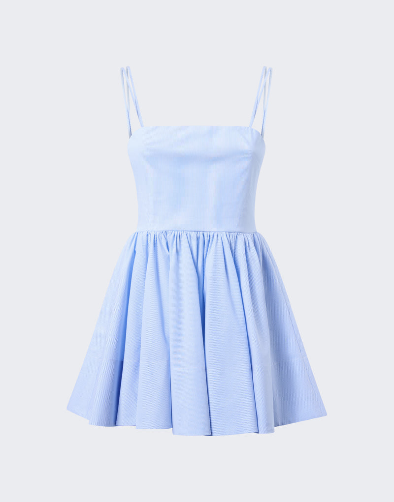 Frontal view — Carrie Mini Dress displayed against a neutral background, showing light blue and white micro-striped bodice with straight-across neckline, double spaghetti straps, and gathered high-rise skirt.