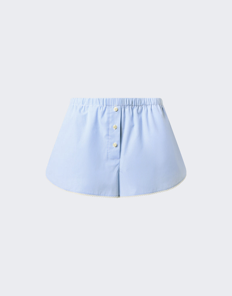 Frontal view: Arabella Shorts flat-lay, light blue-and-white micro-striped cotton poplin, elastic low-rise waistband, central decorative button placket, micro lace hem trim, side-slit pockets.