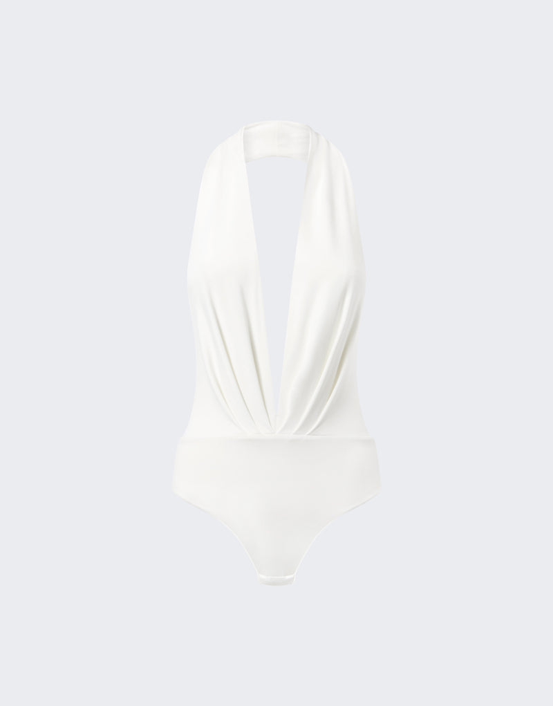 Frontal view — Zendaya Bodysuit: off-white halter bodysuit displayed flat, plunging V-neck with soft draped fabric down the front, fitted jersey lower body against pale background.