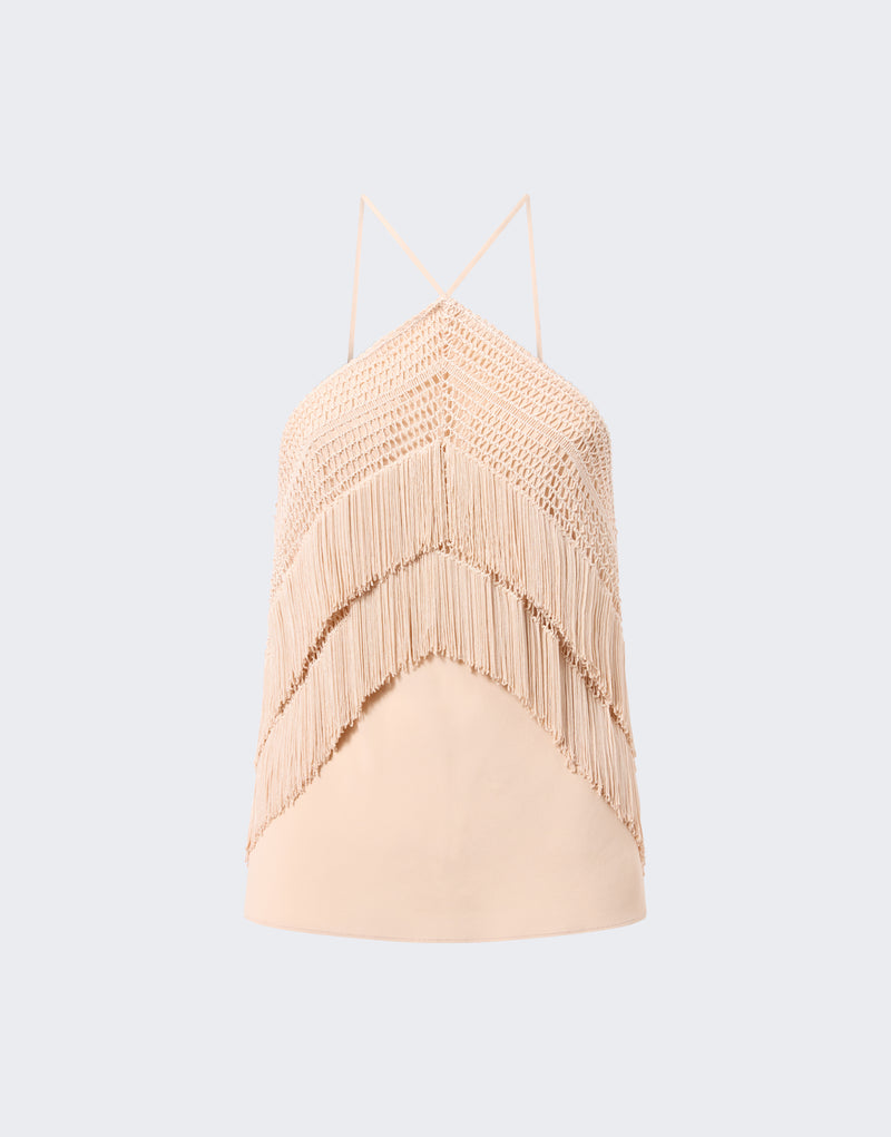 Frontal view — Reina Top: bandeau bodice hangs with thin tiebacks forming a halter, openwork stitching and layered fringe cascading over peach crepe de chine.