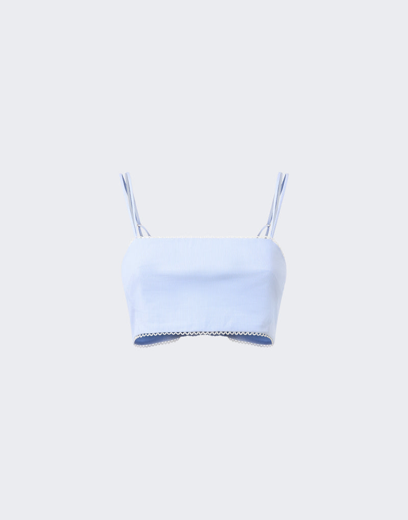 Frontal view: Carrie Top shown flat — light blue and white micro-striped cropped bralette with straight-across neckline, twin spaghetti straps, and white micro-lace trim along the hem.