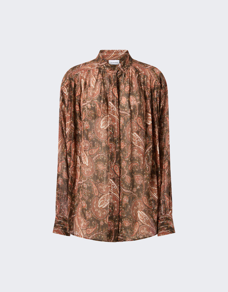 Frontal view — Rania Shirt shows oversized paisley-printed georgette drape, mandarin collar and concealed button placket, with pleated accents at shoulders, back yoke, and cuffs.